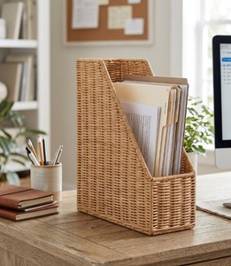 Organizador de Archivos de Mimbre Tejido a Mano, Cesta Vertical Alta para Archivos, Estante de Almacenamiento Rústico Natural para Libros y Documentos - Product Image 5