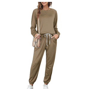 <b>Women</b> 2-Piece <b>Fleece</b> Solid Tracksuit Set Khaki Polyester/Cotton Quick Dry Long Sleeve Crew Neck Top Drawstring <b>Jogger</b> Pants - Product Image 4