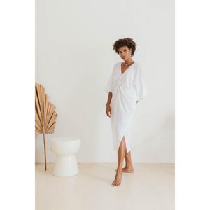 Womens White Kaftan Midi <b>Dress</b> Elegant V Neck Beach Cover Up Loose Resort Wear - Product Image 3