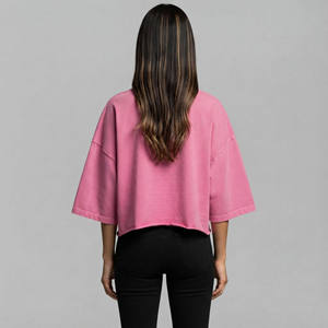 Cheap Price Women's Pink Crop Top Oversized Crew Neck Half Sleeve <b>Flame</b> Logo Print Cotton Jersey Loose Fit Spring Summer - Product Image 6