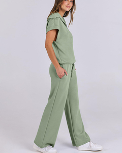 Conjunto de 2 Piezas para Mujer, Cuello Redondo, Top de Manga Corta con Media Cremallera + Pantalones Anchos, Ropa Deportiva Informal Ligera para Uso Diario - Product Image 4