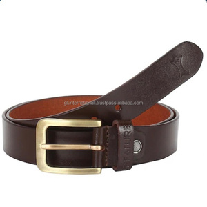 Ceinture décontractée en cuir marron de qualité supérieure, durable et finement travaillée, en cuir grainé lisse, ceinture de mode pour homme avec boucle en laiton - Product Image 2