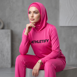 Muslimah Fitness Hoodjab Built In Hijab Layer Performance Gym Shirt with Extended Sleeve Thumbholes Customizable Print Placement - Product Image 1