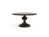 Table à manger ronde moderne en bois massif artisanal, base sur pied robuste, finition naturelle foncée, salle à manger, restaurant, boutique, hôtel