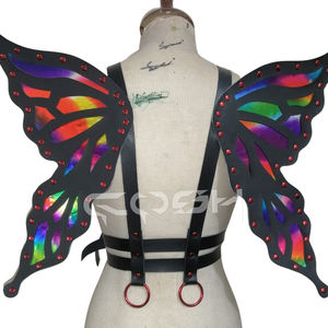 ชุดรัดตัวรูปปีกผีเสื้อสีรุ้งโฮโลแกรม หนังเทียมสีดำ ประดับหมุดสีแดงด้านหลัง - Product Image 3