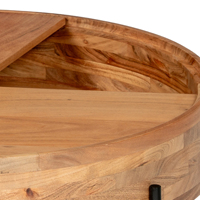 Table basse moderne avec plateau coulissant facilement, en bois d'acacia massif de forme ronde et pieds en métal