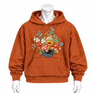 เสื้อฮู้ดลายดอกไม้สีส้มไหม้ ทรงโอเวอร์ไซส์ สไตล์ลำลอง มีกระเป๋าจิงโจ้ เหมาะสำหรับใส่ในฤดูใบไม้ร่วง สตรีทแวร์ - Product Image 1