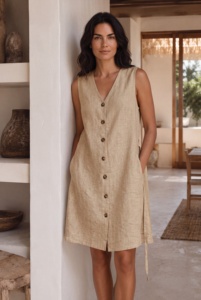 Vestido Casual de Verano para Mujer, Cuello en V, Manga Corta, Algodón Slub, Regalo para Ella, Precio al por Mayor - Product Image 3