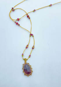 Macrame Pink Purple Gemstone Necklace Faceted Pendant Adjustable Yellow Cord Beaded Boho Artisan Jewelry for Women - Product Image 2