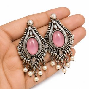 Boucles d'oreilles pendantes ethniques bohèmes classiques en argent antique oxydé avec zircon rose taille ovale, vente en gros, fournisseur en vrac, cadeau pour femme - Product Image 3