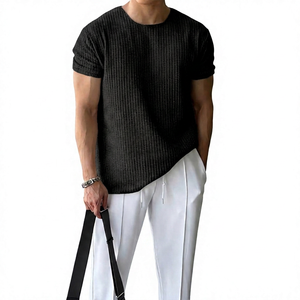 T-shirt en tricot à manches courtes pour homme, col rond, coupe classique, couleur unie, respirant, vêtement décontracté, haut en coton blanc - Product Image 5