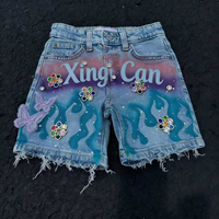 Nuevos Shorts Vaqueros Casuales de Alta Calidad Personalizados con Decoración Retro de Pintura en Aerosol y Cristales de Imitación, Lavado Claro con Proceso Vintage