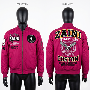 เสื้อแจ็คเก็ตบอมเบอร์กันลมสำหรับฤดูหนาวแบบยูนิเซ็กซ์ พรีเมียม 320 GSM ผ้าฝ้ายผสมโพลีเอสเตอร์ ขนแกะสีแดงเลือดหมู ปักลายเชนิลล์แบบกำหนดเอง มีฮู้ด - Product Image 1