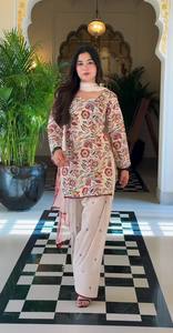 Pure Cambric Cotton Printed Modern Party Stretchable Wrinkle Free Kurti Farshi Pant Set Chiffon Dupatta Women's Floral Ethnic - Product Image 1