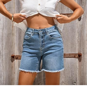 Shorts en jean stretch taille haute pour femme, coupe décontractée, ourlet brut, style tendance, idéal pour l'été - Product Image 6