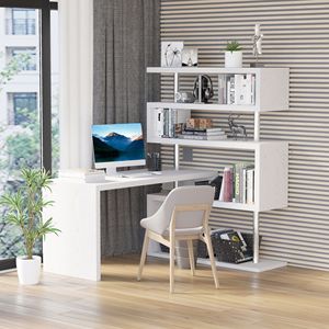 Scrivania da Ufficio a 5 Ripiani a Forma di L con Design Girevole a 360 Gradi, Mensole Espositive in MDF e Acciaio Inossidabile, Materiale Bianco-PC - Product Image 2