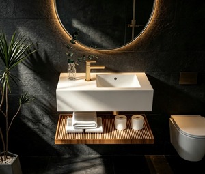 Lavabo mural moderne pour salle de bain avec étagère de drainage en bois et robinet monotrou finition polie - Product Image 1