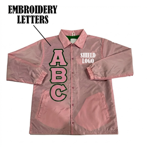 Veste d'entraîneur d'hiver personnalisée rose coupe-vent avec logo bouclier lettres grecques brodées, fermeture boutonnée, légère, pour sororité - Product Image 1