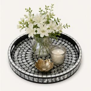 Plateau décoratif en nacre incrustée, mosaïque noire et blanche de luxe, plateau rond pour servir, vente en gros, plateau décoratif pour table basse - Product Image 4