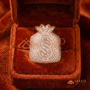 Anillo de hombre con diseño de bolsa de dinero y circonitas, chapado en oro rosa, anillo llamativo con símbolo de dólar, joyería hip hop con circonitas baguette - Product Image 1