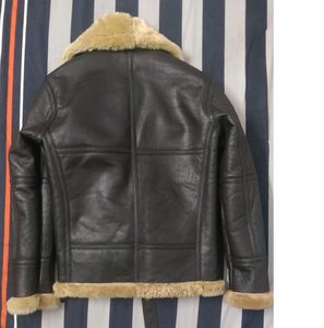 Men RAF Aviator <b>Bomber</b> Real <b>Shearling</b> Sheepskin Leather Waterproof Coated Turn-down Collar Winter Long <b>Jacket</b> with Fur Lining - Product Image 3