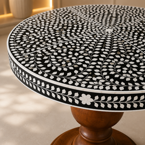 Table basse ronde en bois avec incrustations de os, faite à la main, table à manger moderne 4 places pour salon, sur mesure - Product Image 4