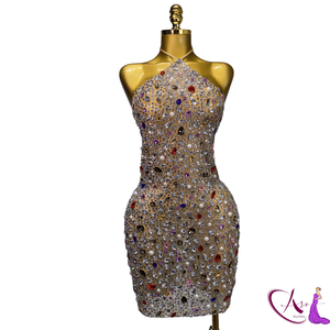 Vestido de Noche de Lujo Personalizable sin Mangas con Cuello Halter y Cristales Adornados, Cintura Natural, para Mujer |   Sirena Hecha a Mano con Cuentas - Product Image 4