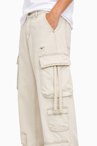 Pantalon cargo ample beige pour homme, coupe décontractée, jambe large, multi-poches, style streetwear, en denim et mélange de coton - Product Image 4