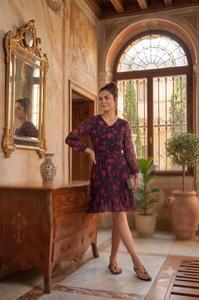 Robe midi florale pour femme, robe décontractée pour les vacances à la plage, robe élégante à manches bouffantes, robe fluide pour les soirées, tenue de mode - Product Image 4