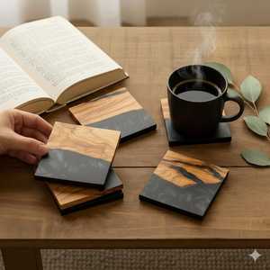 ชุดจานรองแก้วเรซิ่นทรงกลมสีดำ งานแฮนด์เมด ทาสีด้วยมือ เป็นมิตรกับสิ่งแวดล้อม สไตล์เรียบง่ายทันสมัย ยี่ห้อ TIMELESS CRAFT - Product Image 5