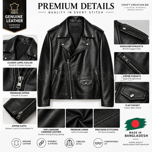 Blouson de motard pour homme en cuir véritable 100% OEM, col rabattu, fermeture éclair, couleur unie, coupe classique, style moto, Bangladesh - Product Image 5
