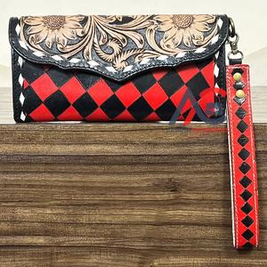 Elegante Cartera de Cuero Vacuno con Diseño Nuevo, Hecha a Mano, con Patrón a Cuadros, Cartera de Lujo con Grabado Floral, Bolso Elegante para Mujer - Product Image 1