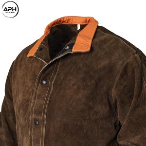 Custom Brown Split Leather <b>Welding</b> Jacket Heavy Duty Industrial Work Wear Coat Long Sleeve with Orange Collar OEM ODM Service - Product Image 4