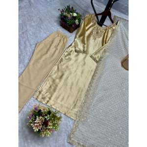 Fancy Silk Salwar Kameez with <b>Top</b>-Bottom and Dupatta Embroidered Sequence Work for <b>Weddings</b> - Product Image 4