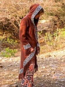 Handcrafted Rust Brown Cotton Hooded <b>Cardigan</b> with Tribal Border and Fringe Details Boho <b>Festival</b> Jacket At Factory Price - Product Image 3