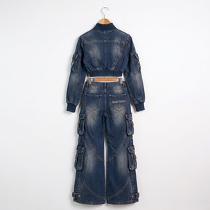 Conjunto de Dos Piezas de Mezclilla Azul Oscuro para Mujer, Chaqueta Bomber Corta y Pantalones Anchos, Ropa de Moda al por Mayor Personalizada - Product Image 6