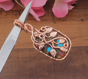 Pendentif vintage fait main en forme de feuille, serti de fils, plaqué platine, argent sterling 925, pierre précieuse en cuivre bleu, unisexe - Product Image 4