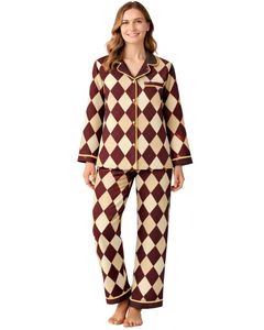 Ensemble de pyjama pour femmes personnalisé en beige bordeaux à motif argyle, manches longues, boutonné, vêtements de nuit en coton doux, ensemble de détente deux pièces - Product Image 1