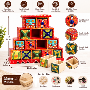 Boîte à bijoux en bois et poterie bleue artisanale |   Armoire de rangement à bijoux rectangulaire à 4 niveaux peinte à la main multifonctionnelle |   Indien - Product Image 5