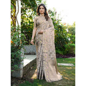 Sari de soirée élégant pour femme en organza gris tissé Zari Patola, protection solaire réversible, 600g, collection Elite Weaves - Product Image 3