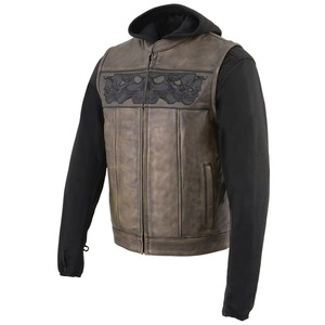 Men Genuine Leather Motorcycle <b>Jacket</b> Hooded Zipper Closure Skull Embroidery <b>Fleece</b> <b>Lining</b> Distress Finish Autumn Riding - Product Image 4