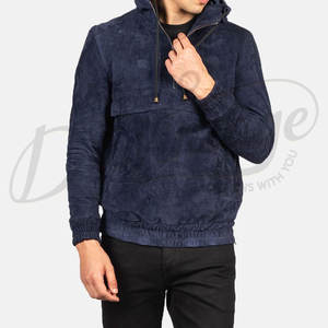 Sudadera con Capucha para Hombre, Color Azul Marino, de Gamuza Genuina, con Cierre de Cremallera de un Cuarto y Bolsillo Frontal - Product Image 3