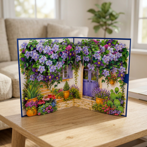 Tarjeta de felicitación 3D con diseño de casa de jardín emergente, con flores moradas y plantas en maceta. - Product Image 1