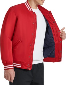 <b>Men's</b> Red Varsity <b>Jacket</b> Solid Color Button Closure Turn-down Collar Casual Style Autumn Wear Regular Fit Polyester Material - Product Image 2