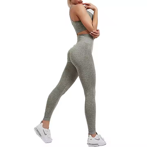 Ensemble de yoga pour femmes, leggings côtelés taille haute, soutien-gorge de sport dos nageur, 2 pièces, sans couture, longueur intégrale, gris, Spandex Polyester - Product Image 1