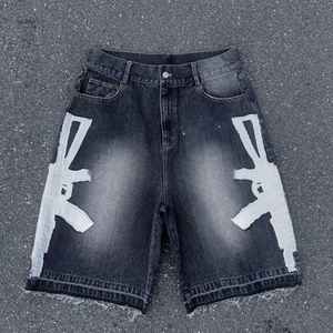 Jean en denim surdimensionné personnalisé pour homme, style décontracté, coupe ample, longueur genou, délavage vintage, avec broderie, respirant - Product Image 1