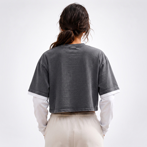 Wholesale Double Layer Crop T Shirt <b>Distressed</b> Embroidered Crew Neck Tee Drop Shoulder Stone Washed T-Shirt 100% Cotton Crop <b>Top</b> - Product Image 2