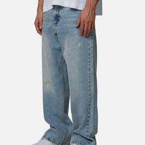 Men's Straight Leg Distressed Denim Jeans Mid Wash Loose Fit Cotton Casual Spring Style Ripped Detail - Product Image 4