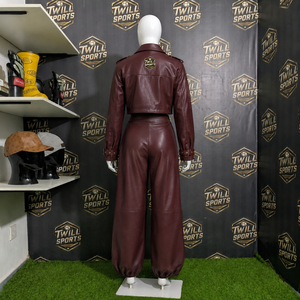 Ensemble de survêtement en cuir PU marron pour femme Twill Sports, manches longues, fermeture éclair sur le devant, coupe ample élégante pour l'automne - Product Image 3