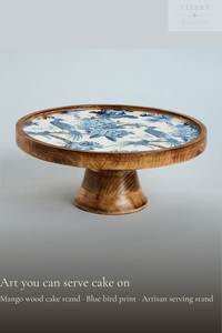 Handmade Eco-Friendly Wooden Cake Stand Round Shape with Blue Floral Pattern 1-Piece Serving <b>Tray</b> Dessert Display - Product Image 6